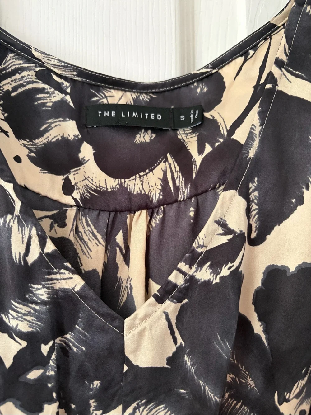 The Limited Black and Cream Floral V-Neck Silk Blouse